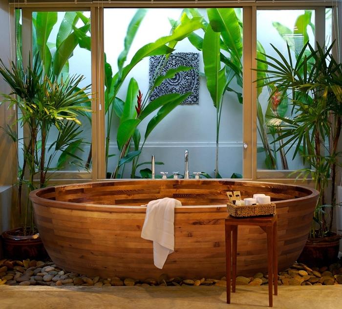 kaip papuošti atsipalaidavimo vonios kambarį su japoniška vonia tamsios medienos, vonios kambario dizainas su zen sodu