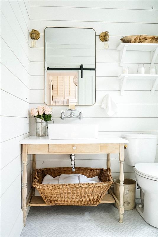 natūrali vonios kambario balta ir medžio dekoravimo aksesuarai iš augalinio pluošto baltos sienos lentynos