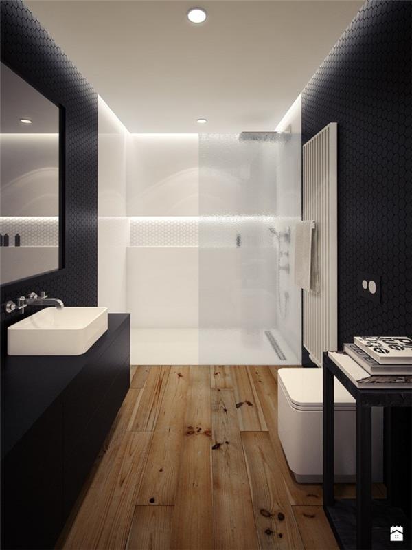 šiuolaikiškas interjero dizainas vonios kambaryje su dušo kabina su juodomis sienomis ir medinėmis grindimis