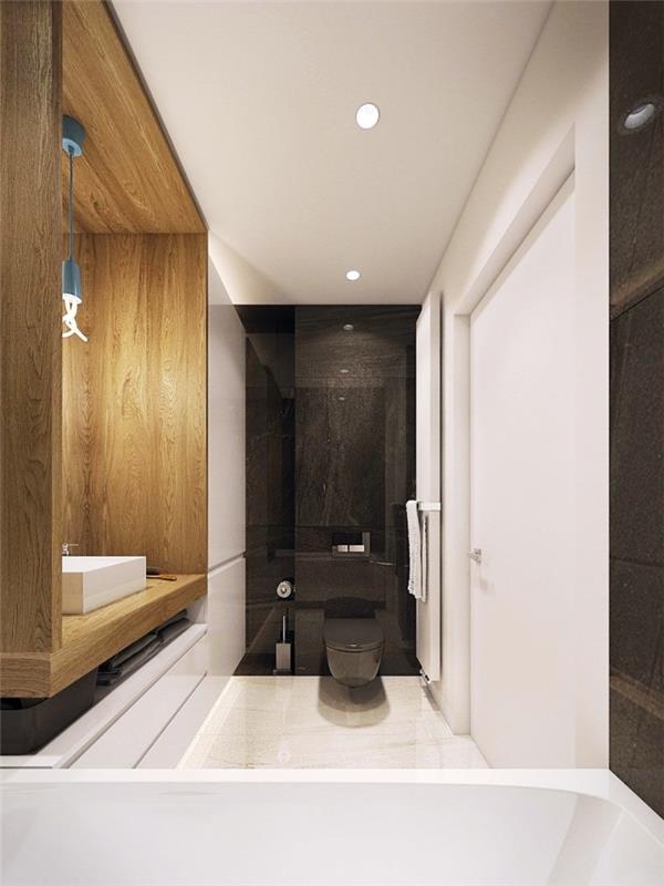 madingas vonios kambario modelis, vonios kambario apdaila su baltomis sienomis su juodos sienos sekcija ir medine kriaukle