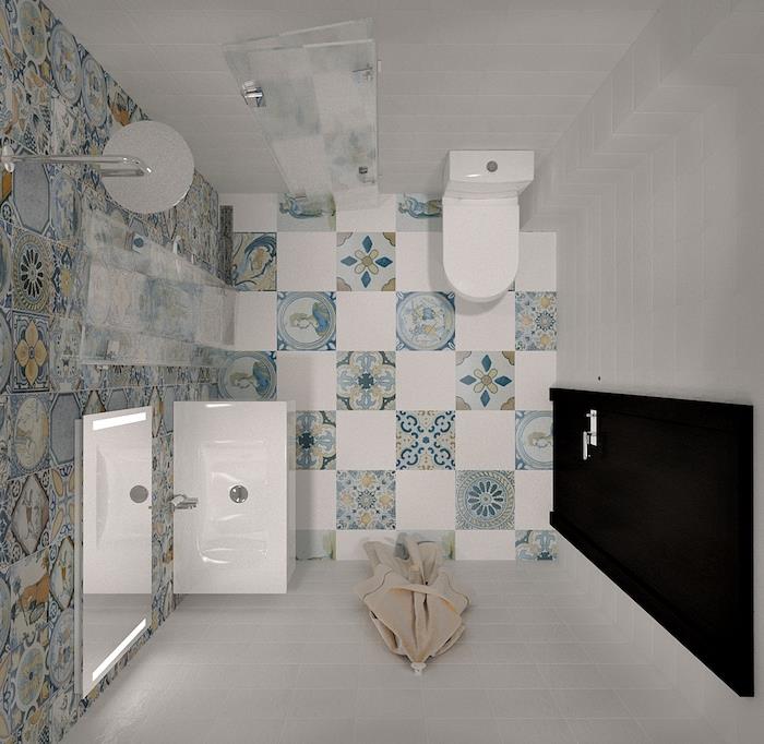 Doğu Portekiz tarzında beyaz fayanslar ve patchwork fayanslarla küçük banyo deposu, wc ve beyaz lavabo
