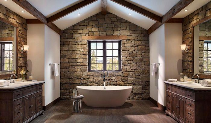 vonios kambarys iš natūralaus akmens ir medžio baltos sienos baldai po medine kriaukle