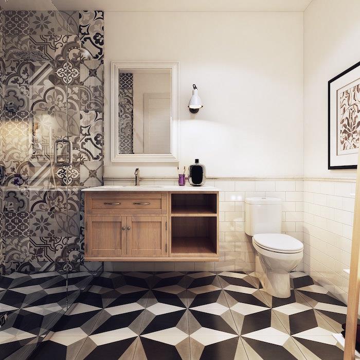 Dekorativni model kopalnice s 3-dimenzionalnim efektom in leseno omarico za umivalnik v skandinavskem slogu, italijanska tuš kabina