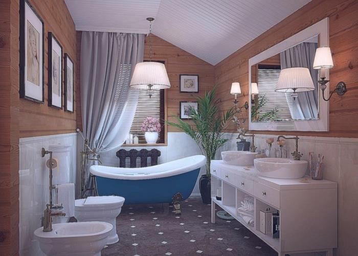 siyah fayans, iki lavabolu beyaz dolap, ahşap duvar, beyaz ve mavi küvet, tavan arası banyo, büyük dikdörtgen ayna