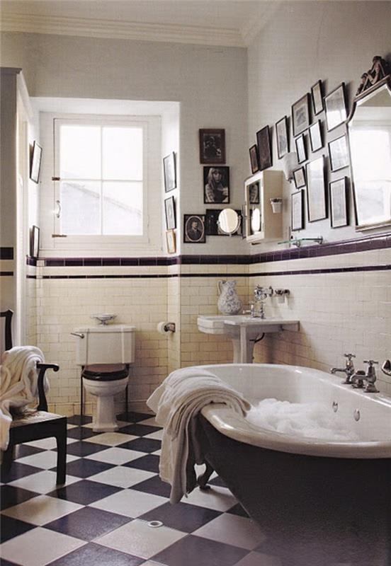 retro-kopalnica-črno-bele ploščice-stenska dekoracija-v-kopalnici