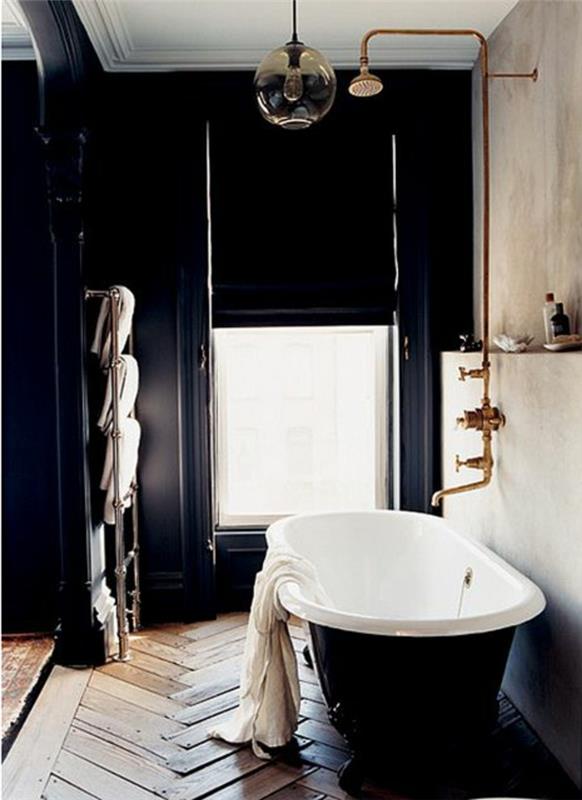retro-kopalnica-design-ideja-stara-kad-kad-bela-parket-stena-črna