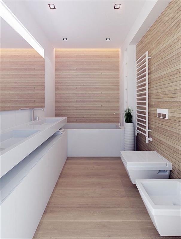 Kopalnica v skandinavskem stilu savne z lesom na tleh in sijočimi belimi minimalistično oblikovanimi stenami in pohištvom
