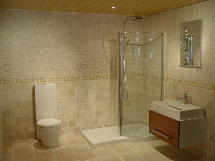 traverten banyo, dikdörtgen lavabo, küçük lavabo dolabı, tamamı cam duşakabin