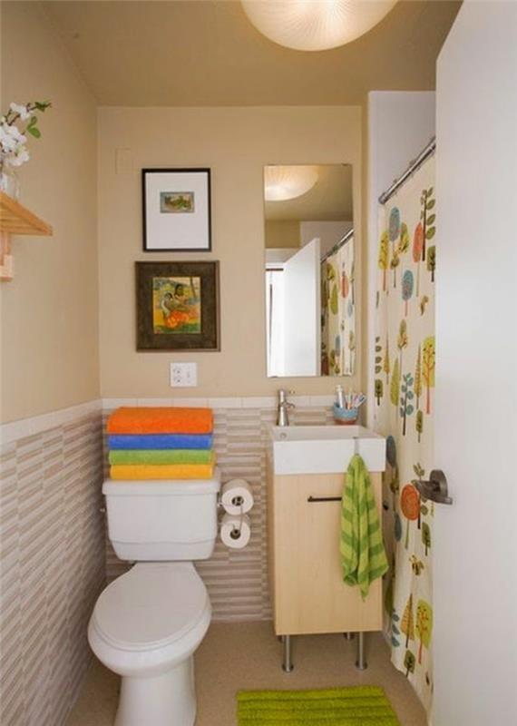 mažas linksmų spalvų ir raštų vonios kambarys su miniatiūriniais paveikslais