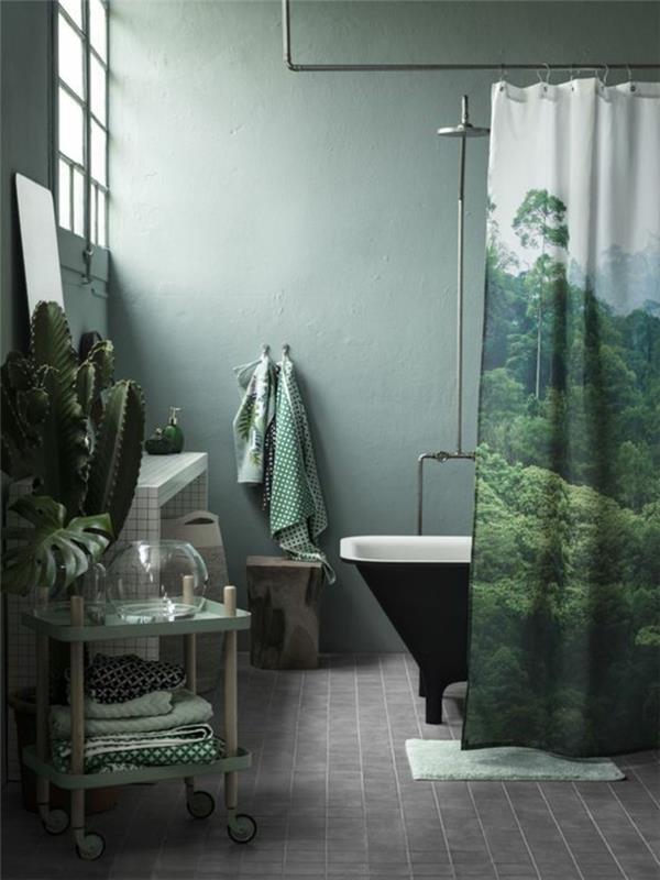 žalia-vonios-pilka-grįsta-grindys-juoda-vonia-šviesiai žalia-siena-patalpų-žalia-augalas