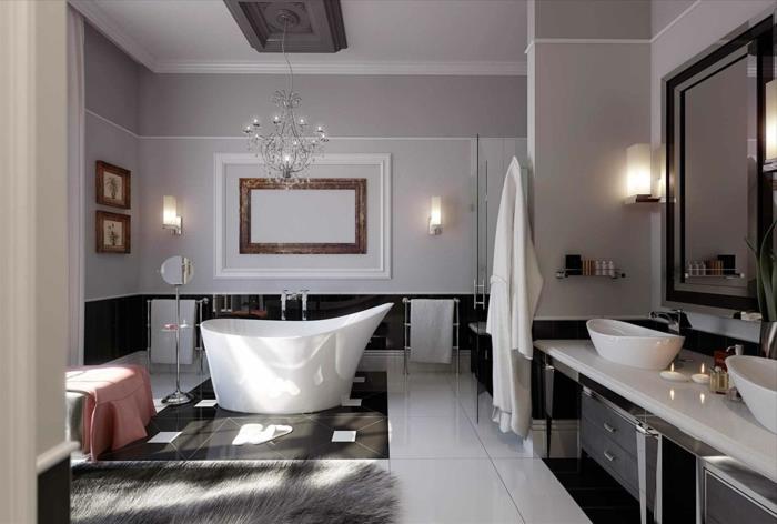 siyah beyaz banyo, iki beyaz lavabo, dikdörtgen ayna, ince aydınlatma armatürü, tüylü halı, gri duvar boyası