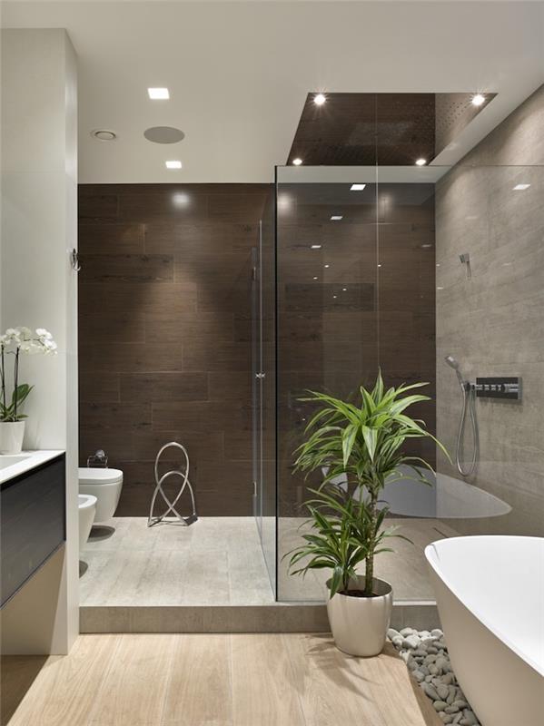banyo dekorasyonu, siyah dolap üniteleri, beyaz orkide, ahşap zemin, kahverengi duvarlar