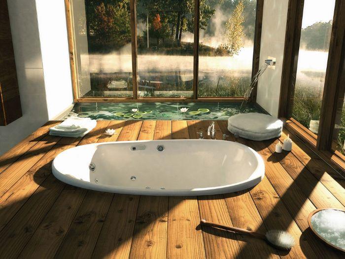 „Zen“ vonios kambarys ir šilta vonia, įdėta į medinį mažo tvenkinio interjerą su vandens lelijų žvakėmis