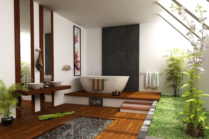 Azijietiško stiliaus interjero dekoravimas, kokia spalva galima papuošti natūralų vonios kambarį balta spalva ir medžiu žaliais akcentais