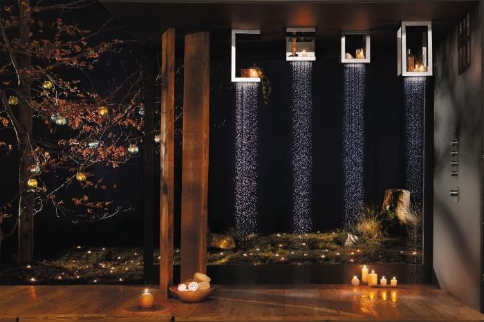 visokotehnološki pribor in dodatki za kopalnico z deževno prho, romantično vzdušje z aromatičnimi svečami v leseni kopalnici