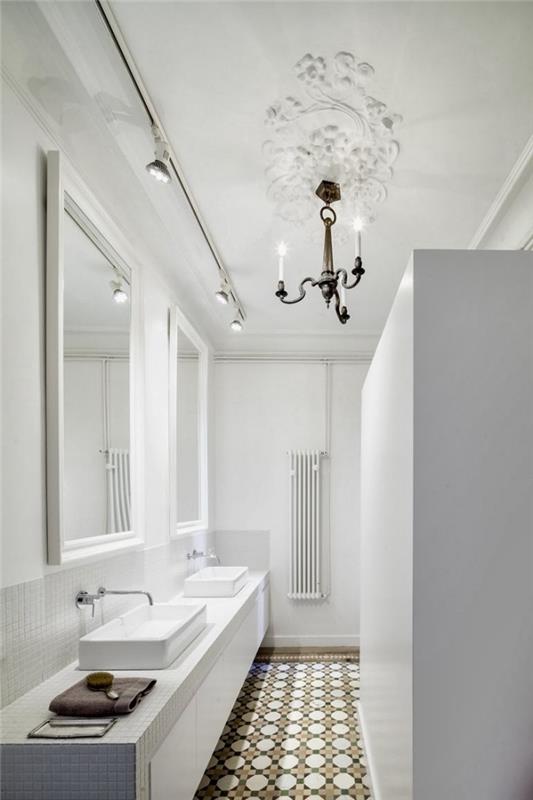 vonios kambarys iš cemento plytelių, vienspalvė virtuvė, išdėstyta išilgai su puošniomis plytelėmis vonios kambarys su retro raštais, kurie suteikia energijos baltam interjerui