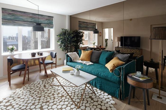 Modernus svetainės dekoro antis mėlynos sofos interjero dekoravimo butas, nedidelis 40m2 buto išplanavimas,