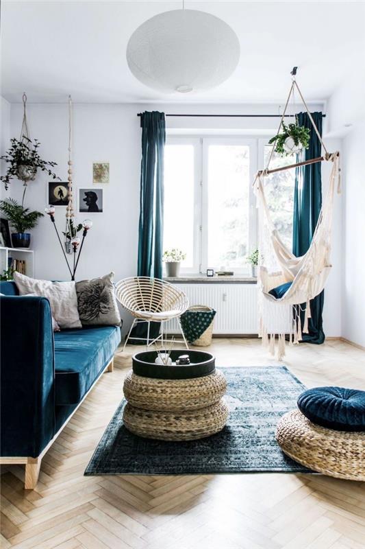mavi ve beyaz salon dekorasyonu mobilya ve tekstillerde mavinin küçük dokunuşlarla benimsendiği bohem şık atmosfer