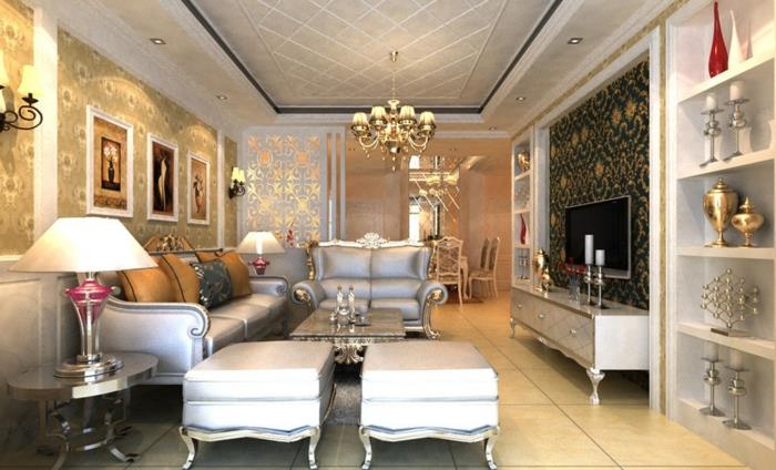 baročni dekor, viseči strop, cvetlične tapete, očarljivo pohištvo, srebrna mizica