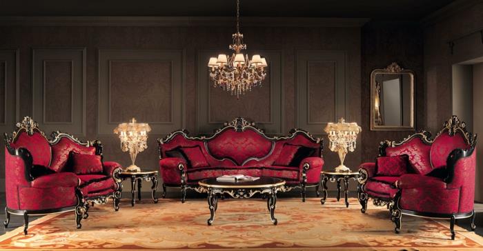 očarljivo pohištvo, velika preproga s cvetličnim vzorcem, baročna dekoracija, črni strop, baročna dnevna soba