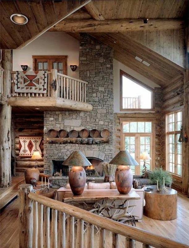 dnevna soba-masivno-leseno-pohištvo-kamin-notranjost-kamnita-stena-leseno-stopnišče