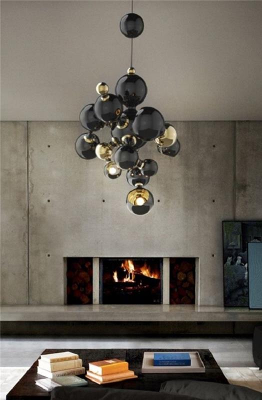 elegantni-lestenci-dnevna soba-poceni-razsvetljava-jedilnica-stene-v-voskanem-betonu-sivi