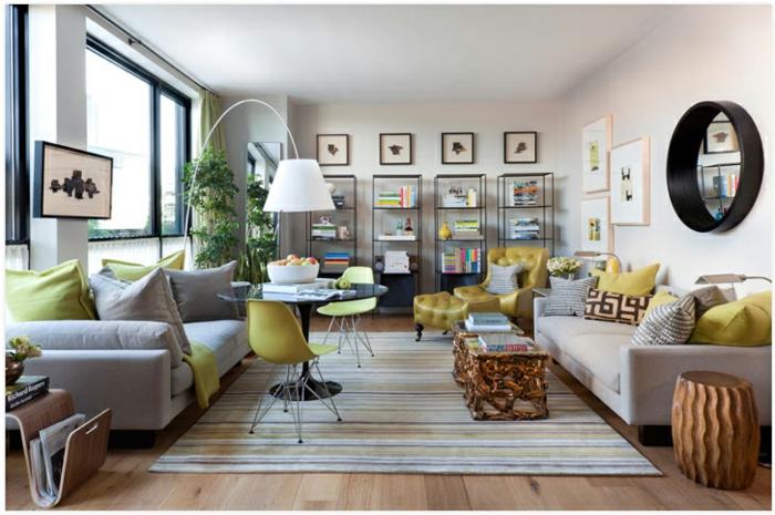 gri ve sarı hardal rengi dekor, erkekler için modern bir oturma odası için tasarım fikri