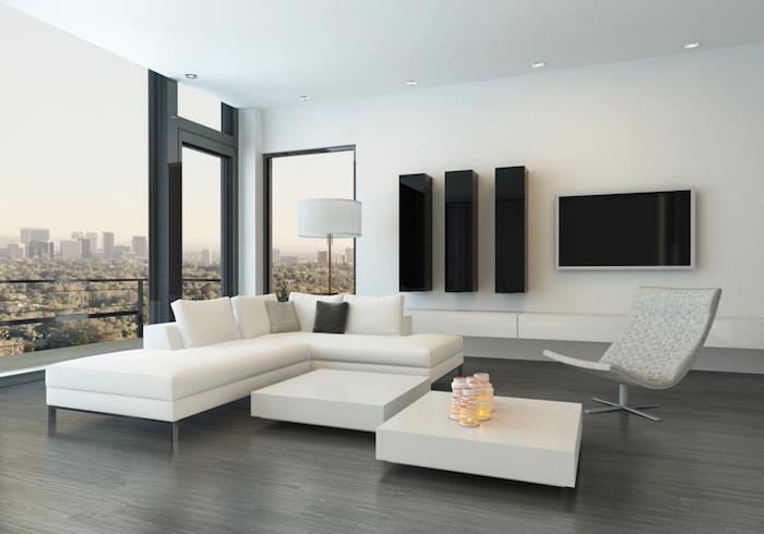 moderna in minimalistična dnevna soba v črno -belem skandinavskem dizajnu