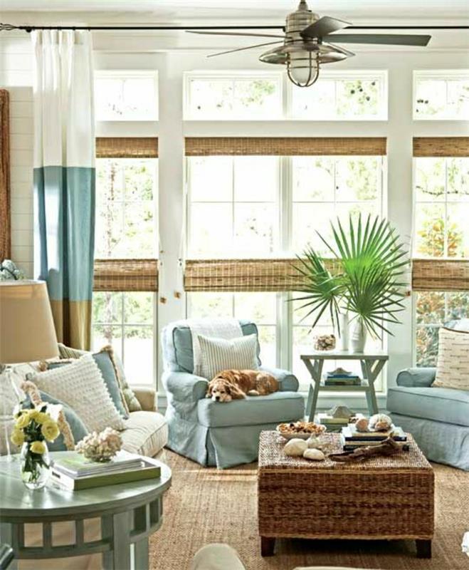 dnevna soba-barva-turkizno-pohištvo-turkizno-bež-preproga-dolge zavese-modro-belo-bež