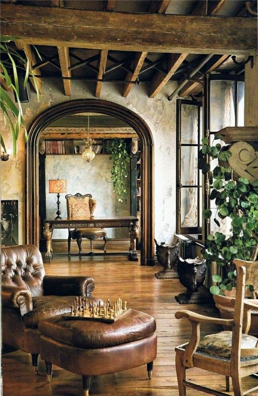 svetainė-oda-sofa-ruda-oda-žalia-augalai-grindys-grindys-parketas-senas