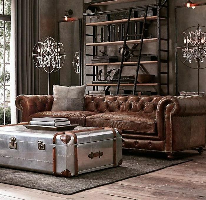 svetainė-tamsiai ruda-oda-modernus-lagaminas-stalas-ruda-siena-tirpalas-geležinė lentyna