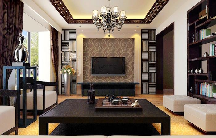 oblikovalska ideja dekoracije dnevne sobe s temno rjavim pohištvom