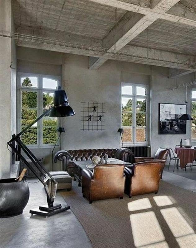 odinis gyvenamasis kambarys-skaitymo lempa-juodai-geležies-smėlio spalvos kilimas-langas-gražus vaizdas