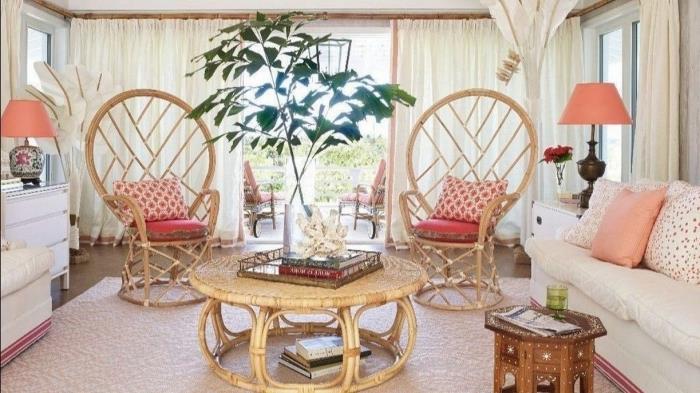 kaip integruoti rotango sodo baldų baldus į egzotiško stiliaus interjerą, balietiško stiliaus svetainę