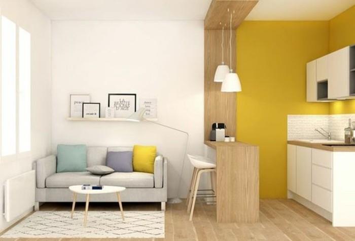 oturma odası-ve-açık-mutfak-sarı-duvar-yastık-renk-hardal