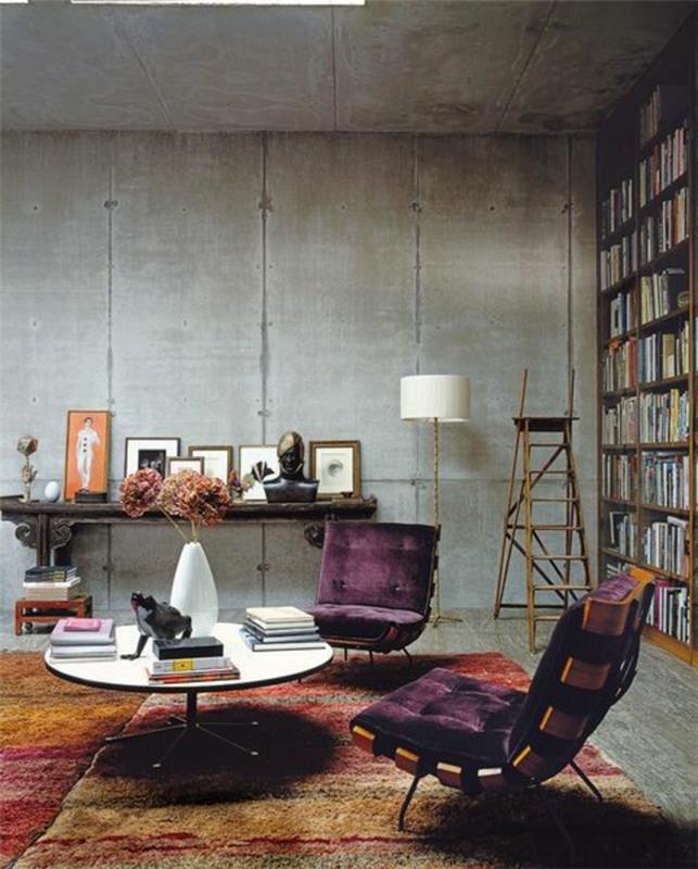 industrijsko-dnevna soba-vijolični-stoli-kako-povezati-slivo-barva-ideja-barva-dnevna soba