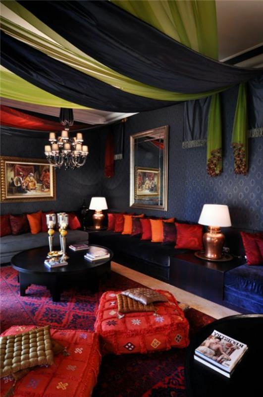 Maroko gyvenamasis kambarys-paris-marokietiškas baldas-marokietiškas-gyvenamasis kambarys-rytietiškas stogo užuolaidos-meditacijos-miegamasis