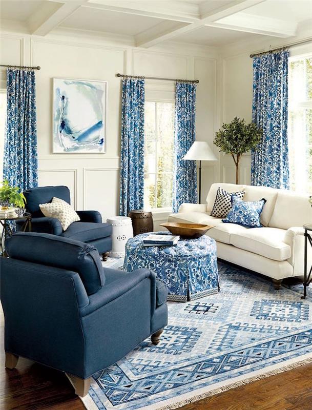 dažų spalvų idėjos gyvenamajam kambariui su baltomis lininėmis dažų spalvomis ir mėlynomis užuolaidomis alyvos mėlynos užuolaidos
