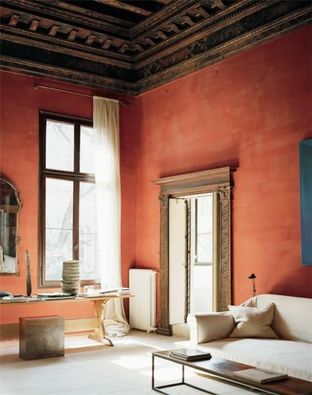 retro-prašmatnus-svetainė-siena-rožinė-oranžinė-smėlio-sofa-stačiakampis-stalas-mažas dizainas