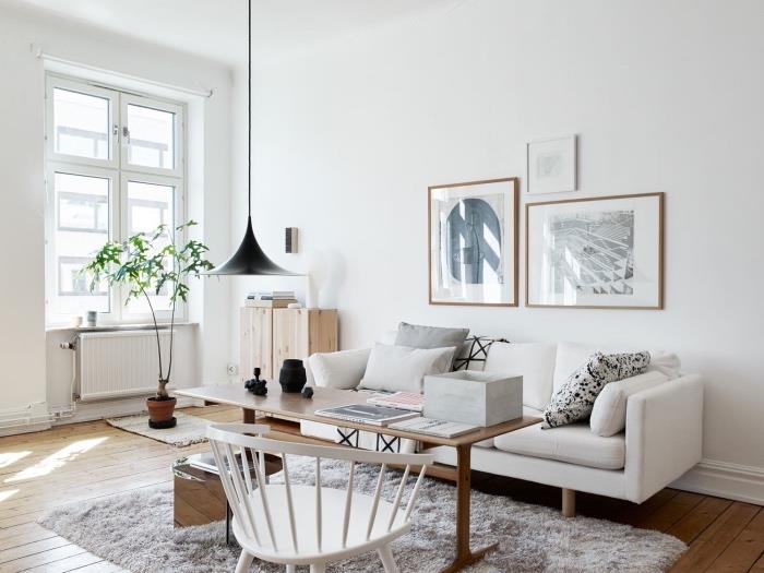 temiz beyaz İskandinav salon modeli, gri halı, beyaz kanepe, gri, beyaz ve siyah kırlentler, masif ahşap masa, beyaz sandalye, İskandinav halısı, açık parke