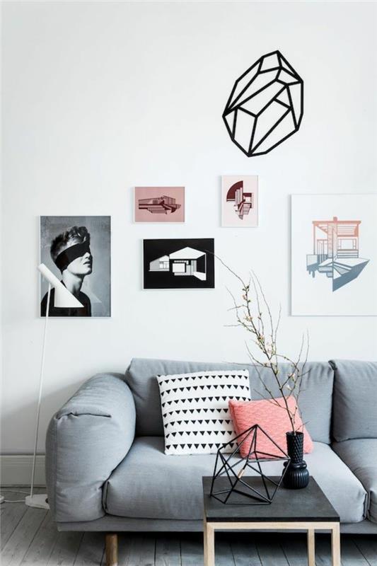 Skandinaviškas-gyvenamasis kambarys-sienų apdaila-dekoratyvinės pagalvėlės