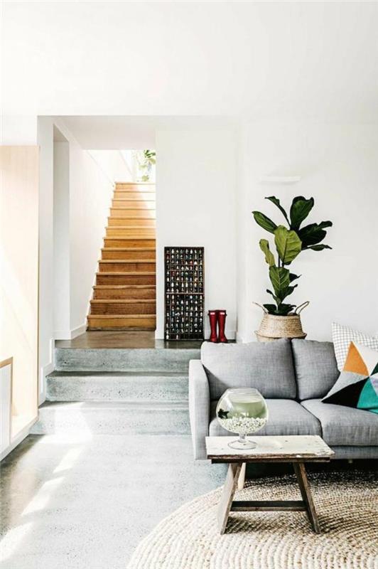 svetainė-betonas-grindys-dekoratyvinis-betonas-stalviršis-vaškas-apvalus rotango kilimas-žalieji augalai