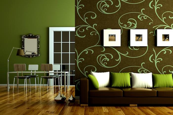 ideje za dekoracijo dnevne sobe kakšne barve z rjavo in zeleno