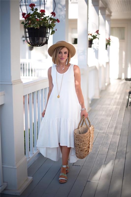 asimetrik kesimli hafif yazlık elbise, bohem tarzı uzun bir elbiseyi şapka ve hasır çanta ile nasıl kombinleyeceğinize dair fikir
