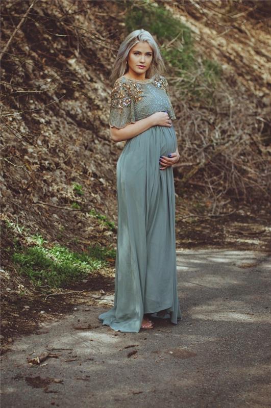 nėštumo ceremonijos suknelės modelis, motinystės svečių aprangos idėja, ilgos skystos suknelės trumpomis rankovėmis pavyzdys