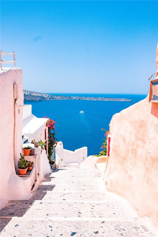 Santorini manzara duvar kağıdı, deniz manzaralı şehir manzarası fotoğrafı, çizim yaparak bir fotoğrafı yeniden üretin