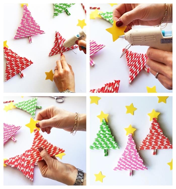 Kalėdų eglutė įvairių spalvų šiaudeliais, eglutės formos eilutės su geltona popierine žvaigždute viršuje, paprasta ir greita pagrindinė veikla