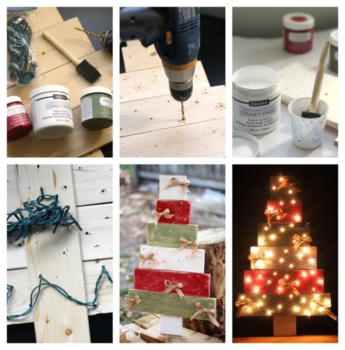 ahşap Noel ağacı, tebeşir boyası, elektrikli çelenk, jüt kurdeleler, delme makinesi