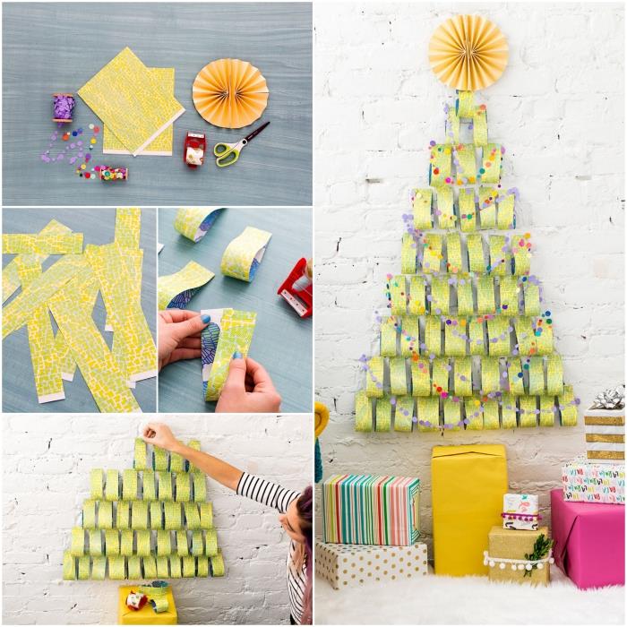 Geleneksel Noel ağacına orijinal bir alternatif olan, tabanındaki hediye paketlerinin saklandığı beyaz tuğla duvara yapıştırılmış yeşil hediye kağıdı şeritleriyle kağıttan bir Noel ağacı yapın