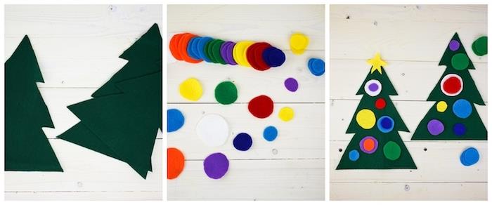 veltinė Kalėdų eglutė, papuošta ant eglutės klijuotais spalvotais Kalėdų kamuoliukais, teminė veiklos idėja vaikams Kalėdų proga
